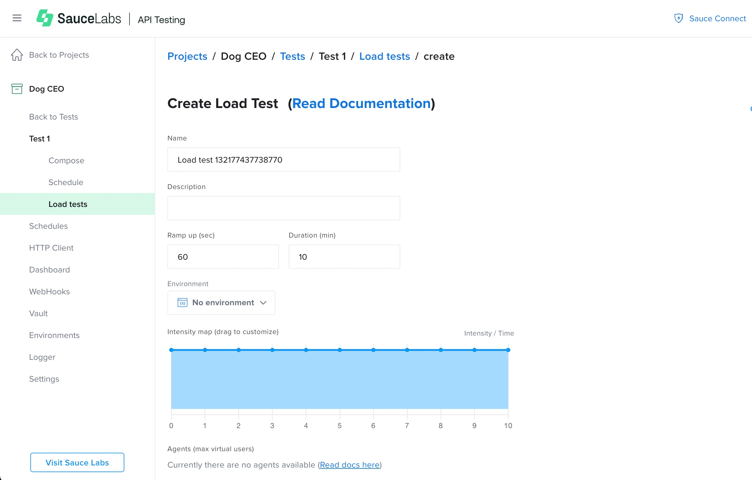 The Create Load test page