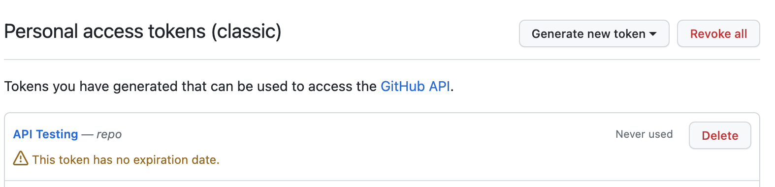 GitHub token settings