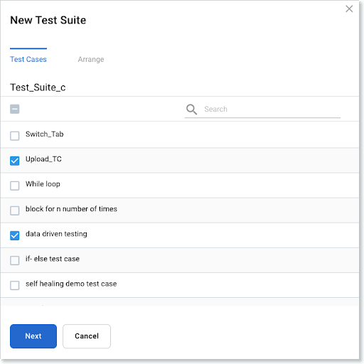 New Test Suite window - Test Cases tab
