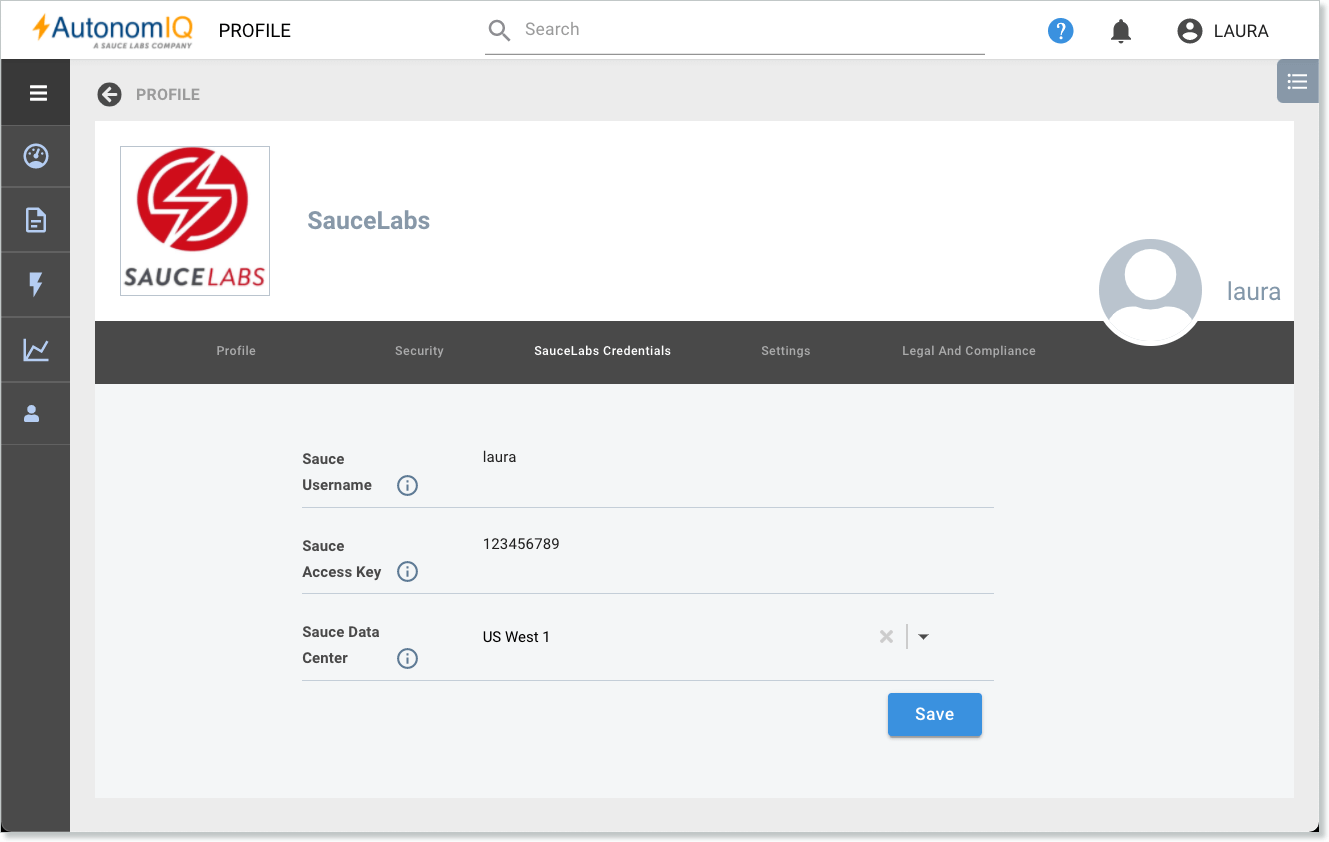Profile page - Sauce Labs Credentials tab