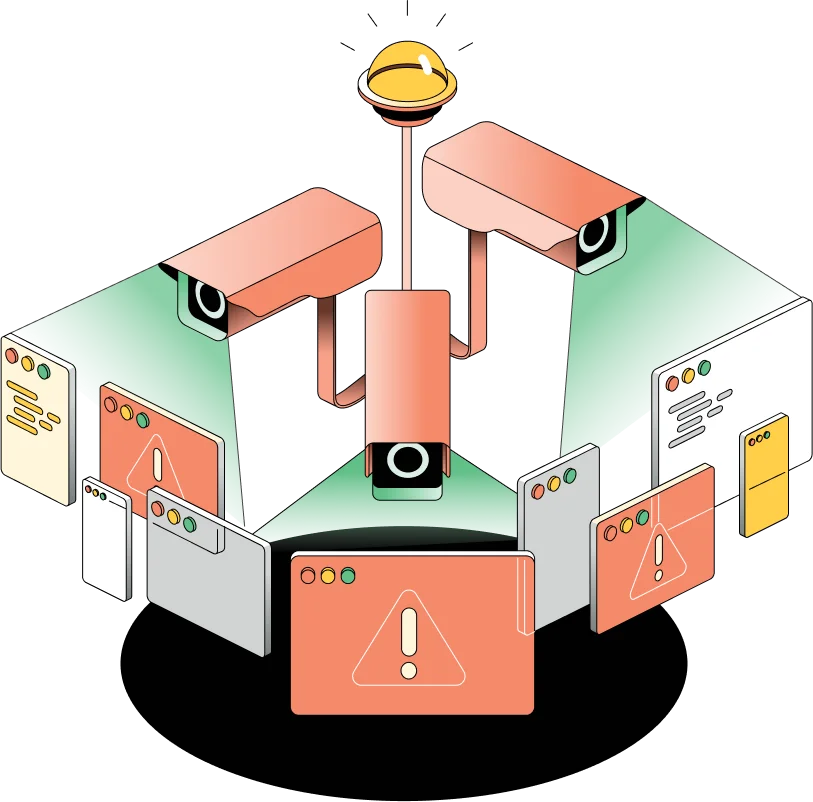 Error reporting illustration showing several cameras looking for an error