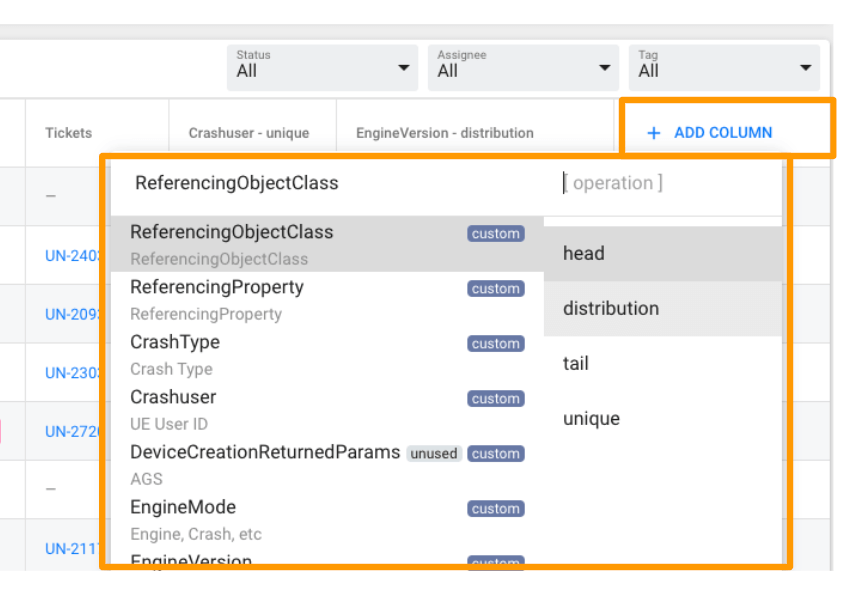 Shows additional attributes to add as columns in the Triage view.