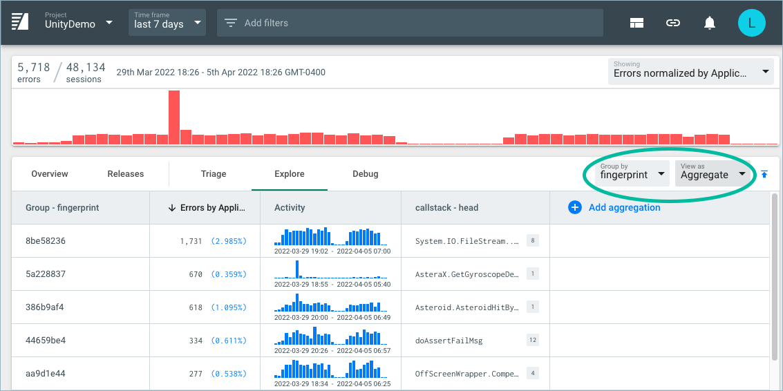 Shows the Explore view used to query your crash and error data.