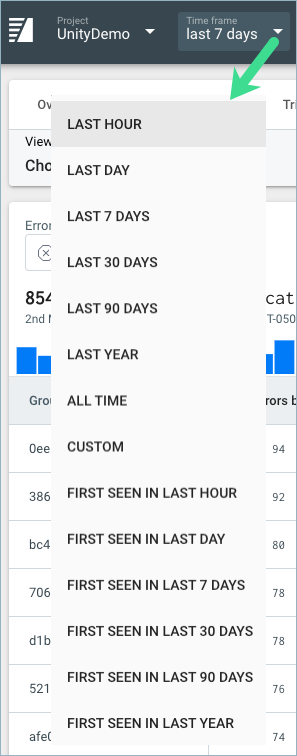 Use the Time Frame filter to view errors that occurred during a certain time period or when an error was first seen.