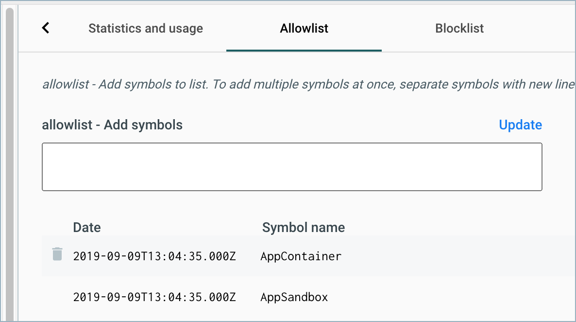 Shows the Allowlist and Blocklist tabs for a symbol server.