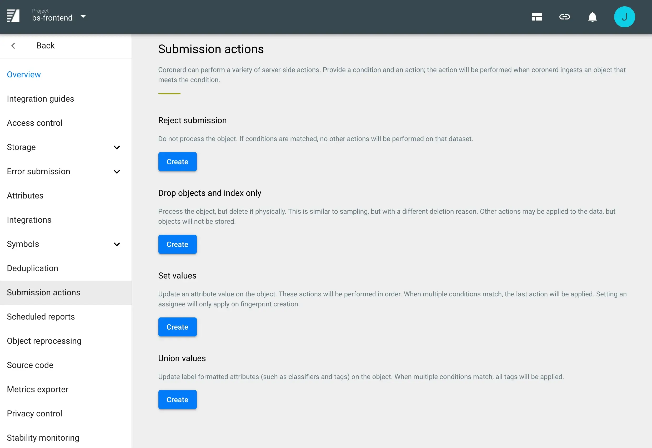 Shows the available submission actions in the Project Settings.