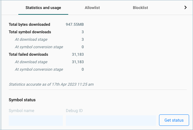 Shows the Statistics and Usage tab for a symbol server.