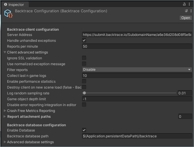 Customizing Backtrace client configuration options in the Unity Inspector