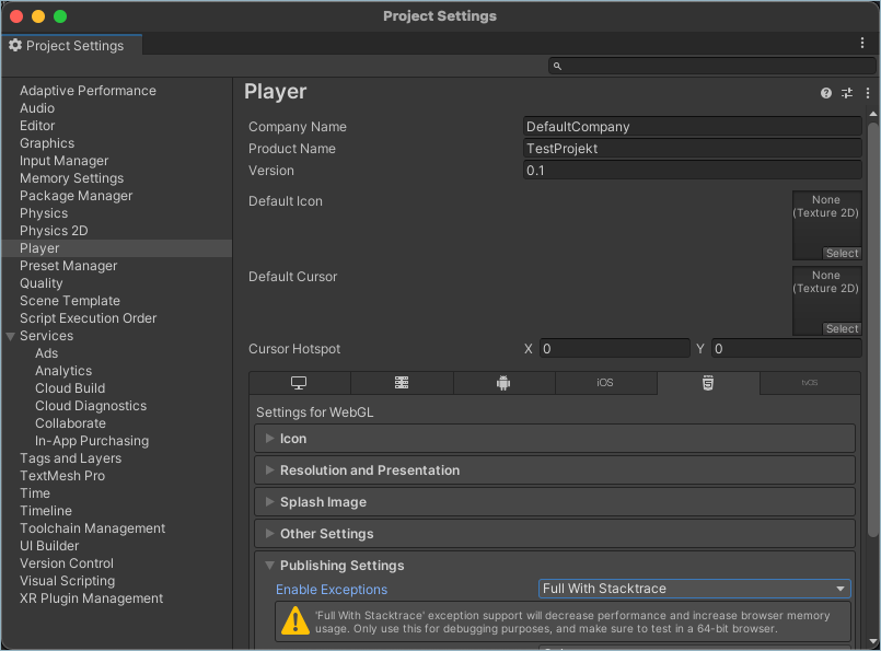 Player setting in Unity required to enable stack traces for WebGL.