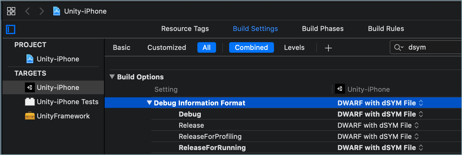 Build setting in Xcode required to generate debug symbols for iOS builds.