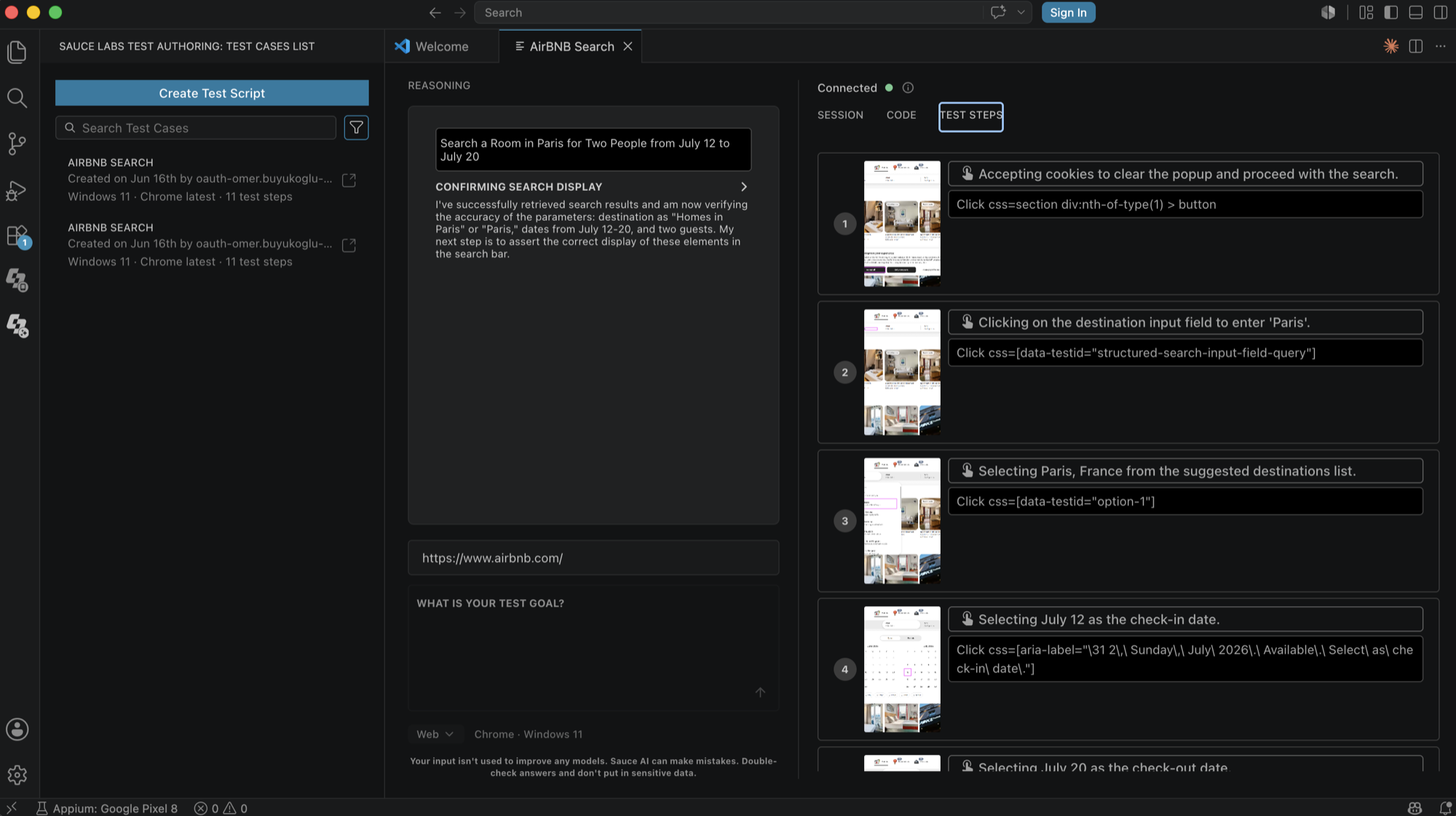 The AI Test Authoring editor generating a test from a plain-English prompt, with reasoning on the left and executed test steps with screenshots on the right