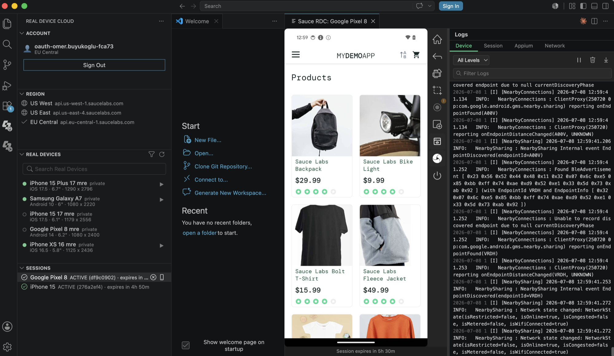 A live Sauce Labs real device session running inside the IDE, with the device list, the live device screen, and real-time logs side by side