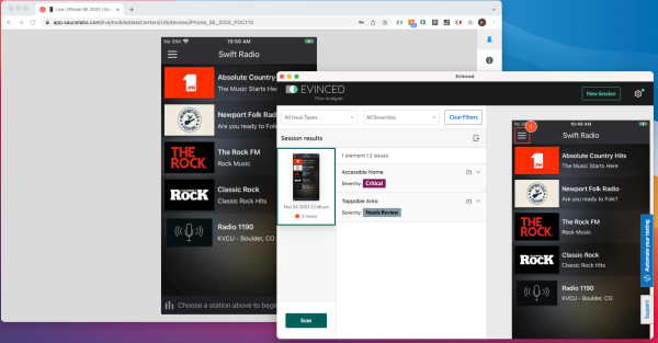Evinced scan and Sauce Labs device open in separate browser windows, but in sync