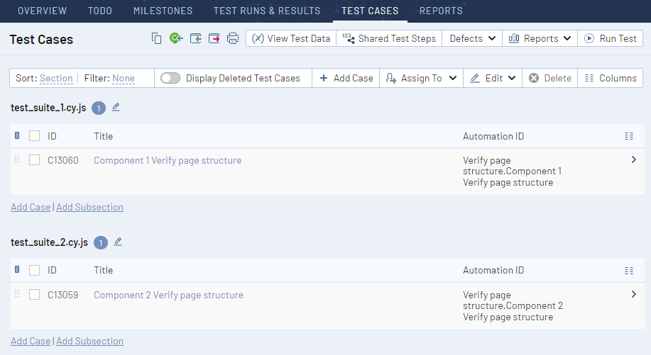 Shows the Test Cases page in TestRail.