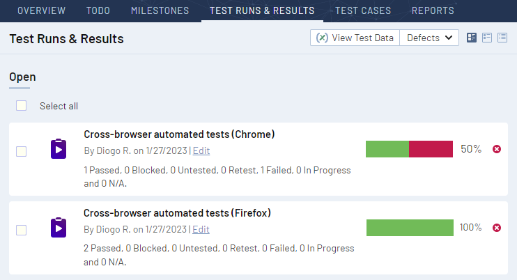 Shows two test runs for different devices in the Test Runs & Results page in TestRail.
