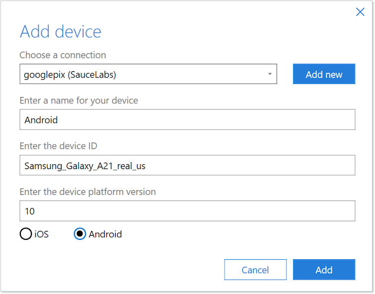 Tosca Commander Add device tab