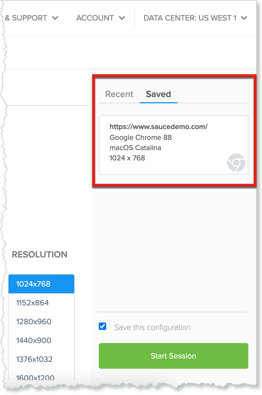 Saved test configuration