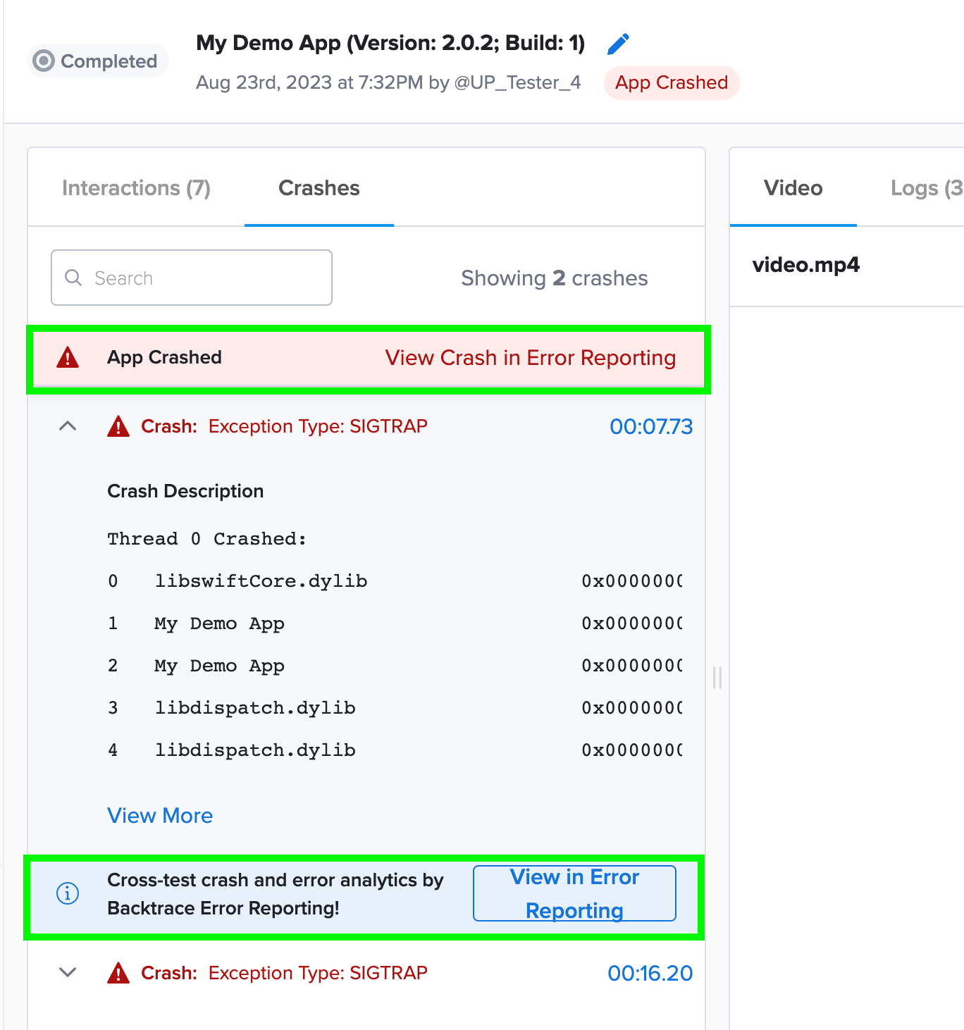 view crash in error reporting link in Crashes tab