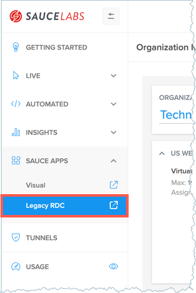 TestObject (Legacy) Apps page