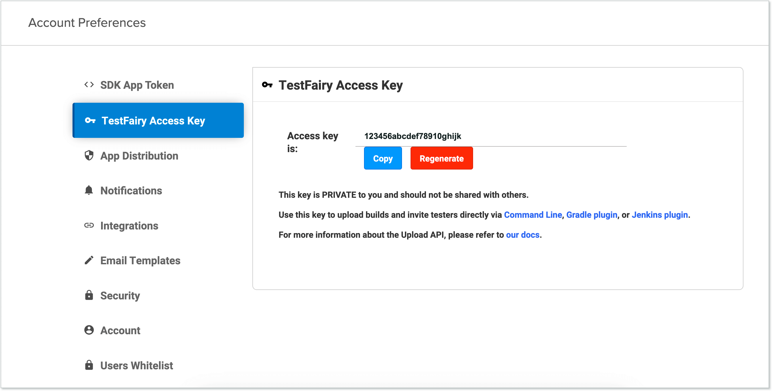 TestFairy Access Key page