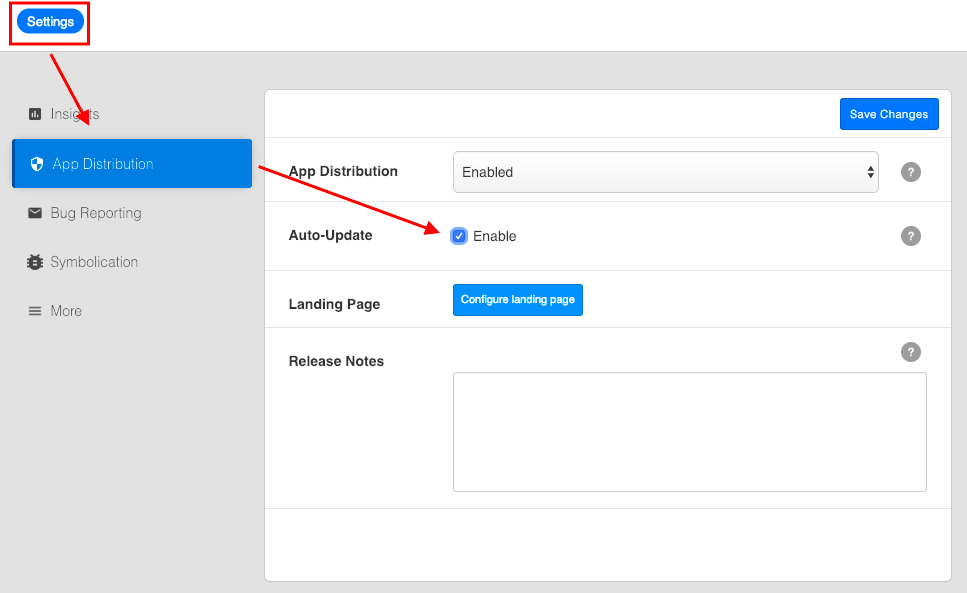 testfairy build settings